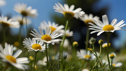 Beautiful blurred spring background nature with blooming glade chamomile, trees and blue sky on a sunny day. Generative AI