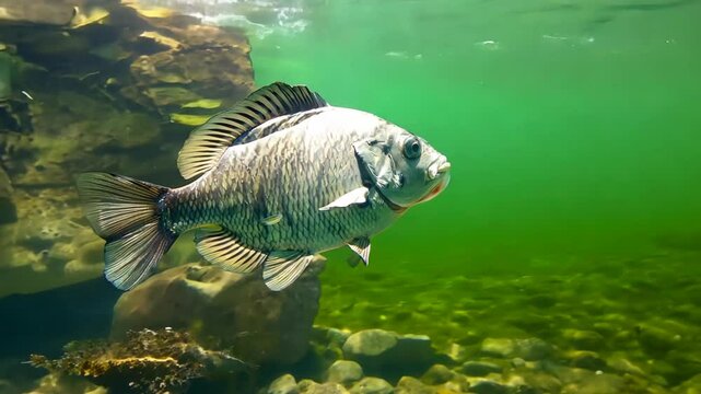 Tilapia fish swimming underwater shot 