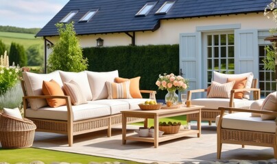 Obraz premium Garden lounge, outdoor furniture and countryside house patio decor with sofa and table, country cottage style landscape design,