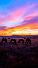 A tranquil sunset over a ranch, with silhouettes of horses grazing in the distance against a colorful sky