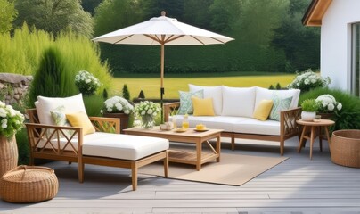 Garden lounge, outdoor furniture and countryside house patio decor with sofa and table, country cottage style landscape design,