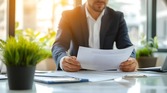 A professional real estate appraiser examining property documents in a bright office setting with a light solid color background
