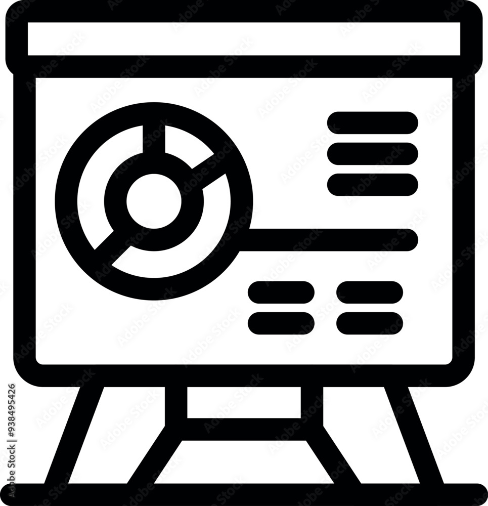 Poster simple line icon of a presentation board displaying a pie chart and data analysis, perfect for busin