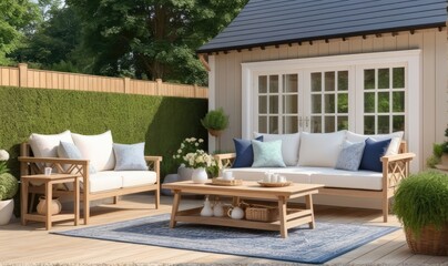 Fototapeta premium Garden lounge, outdoor furniture and countryside house patio decor with sofa and table, country cottage style landscape design,