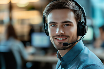 Call center, business man and laugh with customer support, advice and online consultation. Office, crm feedback and help desk operator with internet, web and solution advisory with telemarketing