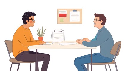 A rehabilitation counselor sitting at a desk, engaging with a client, both focused on discussing goals for recovery, light solid color background