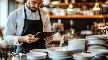 A close-up of a restaurant manager checking inventory on a tablet, surrounded by neatly arranged plates and utensils, with a light solid color background