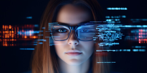 Beautiful female IT specialist analyzing a digital security threat made of future holographic data information, data in the foreground and technology artificial intelligence background concept