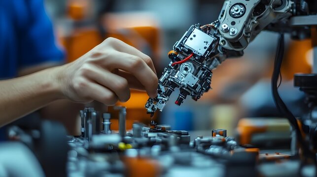 A close-up of a robotics engineer's hands assembling intricate parts of a robotic arm, with focus on the precision and detail