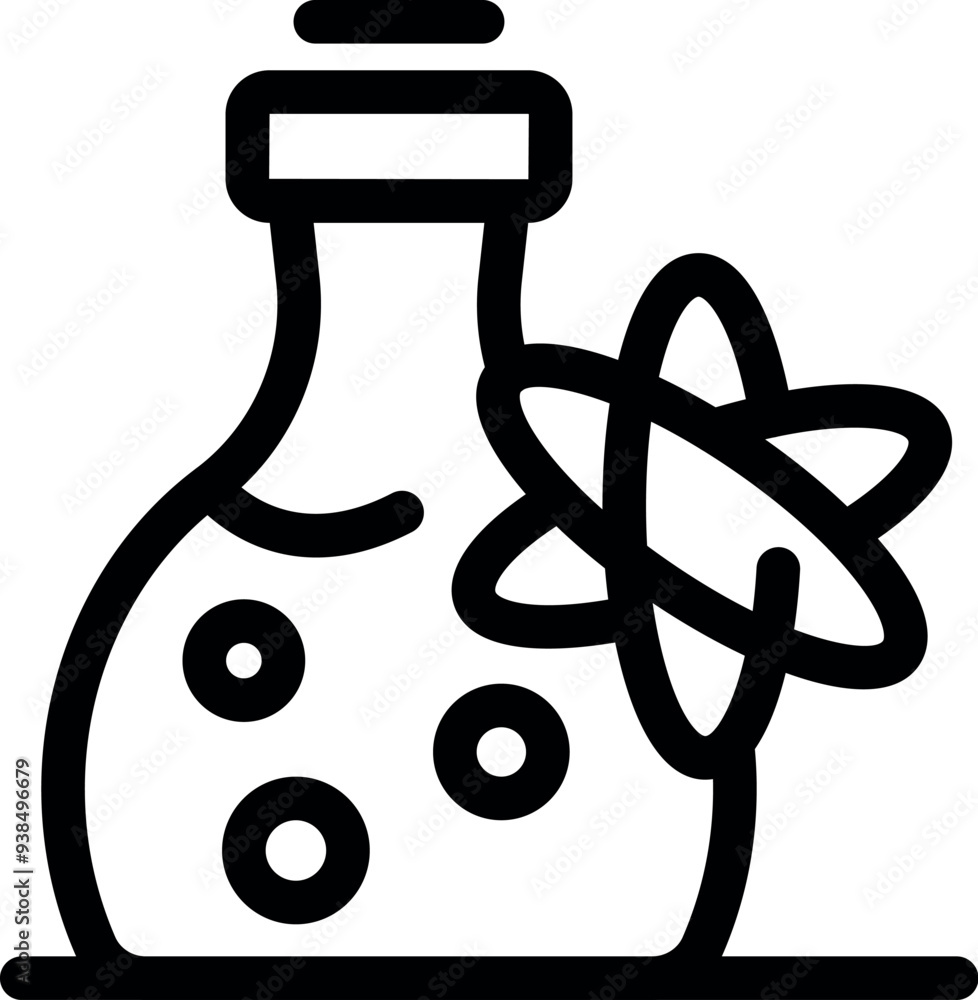 Poster simple line icon representing a scientific laboratory setting, featuring a flask filled with bubblin