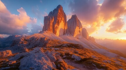 A mighty rocky massif Tre Cime di Lavaredo. Location place Italian Alps, Sexten Dolomiti, South Tyrol, Europe. Photo wallpaper. Popular tourist attraction. Discover the beauty of earth , ai