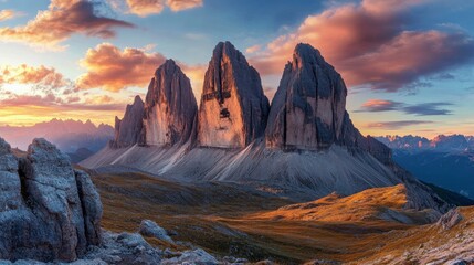 Naklejka premium A mighty rocky massif Tre Cime di Lavaredo. Location place Italian Alps, Sexten Dolomiti, South Tyrol, Europe. Photo wallpaper. Popular tourist attraction. Discover the beauty of earth , ai