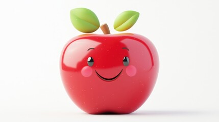 Adorable 3D apple in cartoon style, with a shiny red surface and a happy expression, set against a clean white background