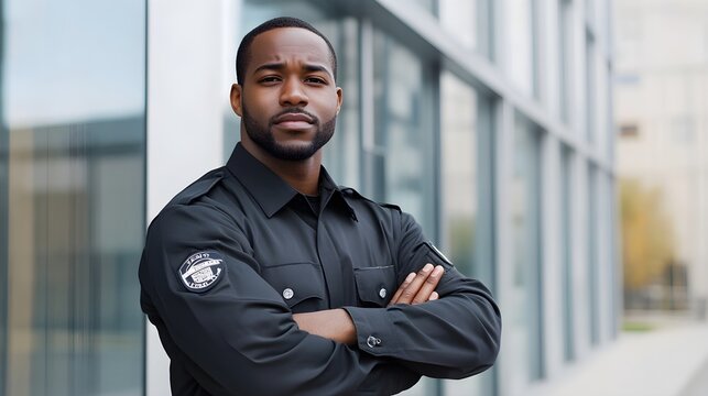 A security guard standing confidently in front of a modern building, arms crossed, with a light solid color background