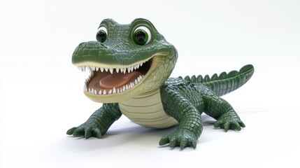 Adorable 3D cartoon crocodile in a playful pose, with bright, happy eyes and a toothy grin, set against a clean white background