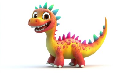 Adorable 3D cartoon dinosaur in a playful pose, with a happy face and colorful spikes, set against a clean white background