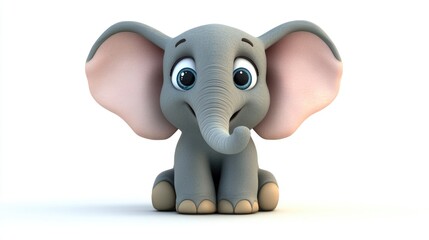 Adorable 3D cartoon elephant in a playful pose, with bright, happy eyes and large, soft ears, set against a clean white background