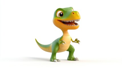 Fototapeta premium Cute 3D cartoon dinosaur with a cheerful expression, vibrant colors, and tiny arms, standing out on a white background