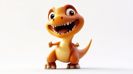 Cute 3D cartoon dinosaur with a cheerful expression, vibrant colors, and tiny arms, standing out on a white background