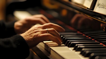 Obraz premium A close-up of a session musician's hands skillfully playing a piano, with sheet music visible in the background
