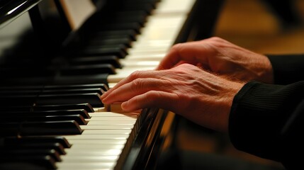 Obraz premium A close-up of a session musician's hands skillfully playing a piano, with sheet music visible in the background