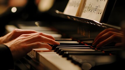 A close-up of a session musician's hands skillfully playing a piano, with sheet music visible in the background
