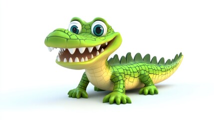 Fototapeta premium Lively 3D cartoon crocodile with vibrant colors, cute expression, and a playful stance, set on a white background, perfect for fun designs