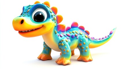 Fototapeta premium Lively 3D cartoon dinosaur with vibrant colors, big eyes, and a cute smile, set on a white background, perfect for fun designs