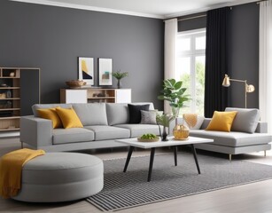 Modern living room interior with stylish comfortable sofa