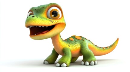 Fototapeta premium Lively 3D cartoon dinosaur with vibrant colors, big eyes, and a cute smile, set on a white background, perfect for fun designs