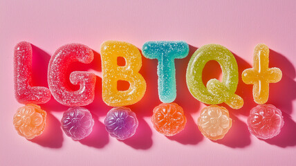 Fototapeta premium Rainbow jelly letters spelling LGBTQ on a vibrant pink backdrop, celebrating inclusivity and diversity in a colorful, creative arrangement