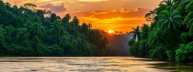 amazonas rainforest, tropical river, jungle landscape with sunset mood