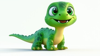 Fototapeta premium Vibrant 3D adorable cartoon dinosaur with big eyes and a playful smile, bright green scales, set against a clean white background