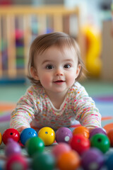 Fototapeta premium A curious baby girl enjoys colorful building blocks in a bright nursery filled with playful energy