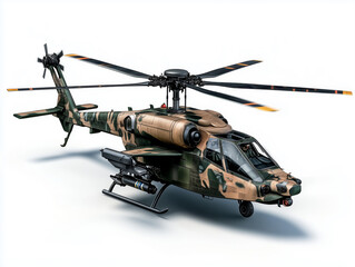 A modern battle helicopter prepares for action against a dusky skyline, showcasing advanced design and tactical camouflage amidst a dramatic backdrop