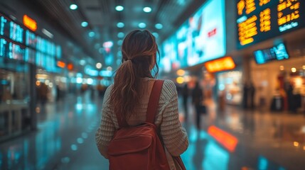 The Journey Begins: A solitary traveler, silhouetted against the luminous glow of an urban terminal, embarks on a journey filled with promise and anticipation. The blurred lights and bustling crowds c