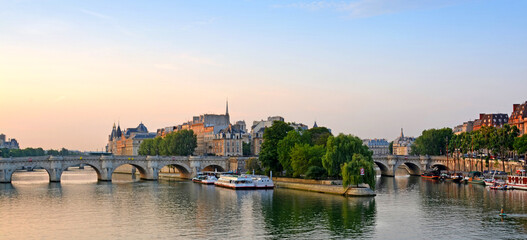 First Light Panorama of the Ile de la Cite & The Seine River, Paris France.
