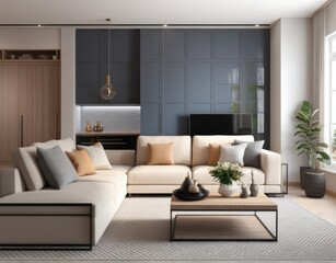 Fototapeta premium Modern living room interior with stylish comfortable sofa