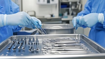 A sterile processing technician organizing surgical instruments on a table in a clean room environment