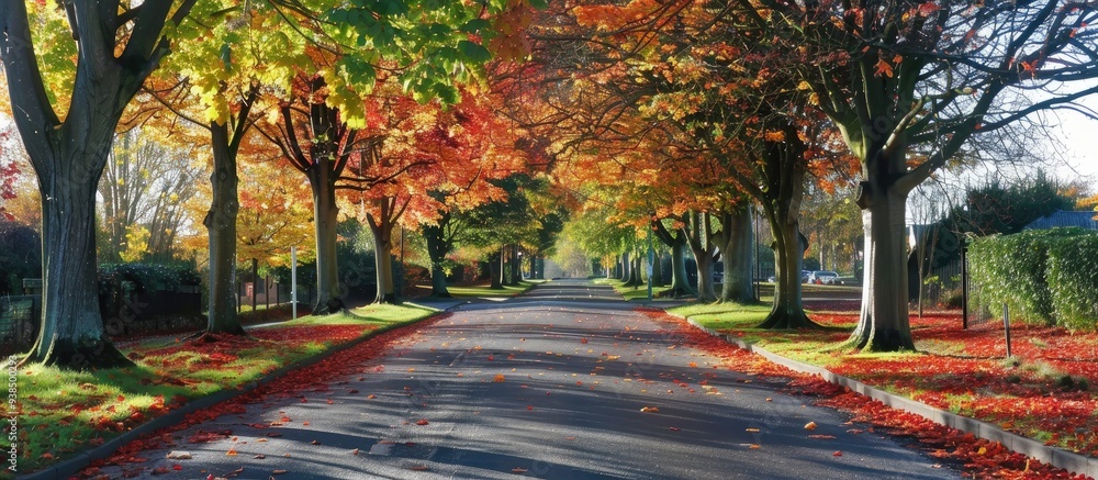 Wall mural tree lined street in autumn