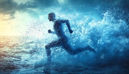  The human body shape of a running man filled with blue water on a blue gradient background - sport or fitness hydration, healthy lifestyle or wellness concept design 