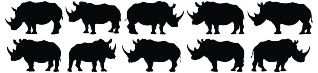 Rhino silhouettes set, animal pack of vector silhouette design, isolated background