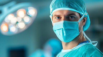 A surgeon in scrubs and a surgical mask prepares for an operation, showcasing precision and professionalism