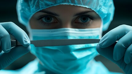 A focused surgical assistant holding a scalpel, ready for the next procedure, with copy space for text