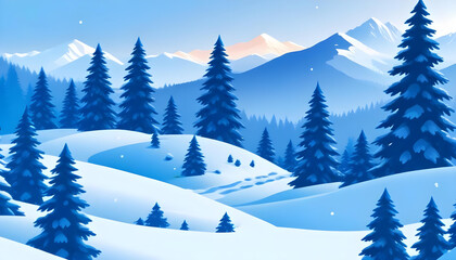 Fototapeta premium Snowy winter landscape with pine trees mountains in the background 3