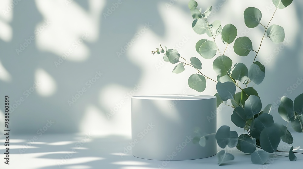 Poster two empty white cylinder shaped podium and natural green eucalyptus branch with shadows on light gre
