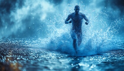 Fototapeta premium The human body shape of a running man filled with blue water on a blue gradient background - sport or fitness hydration, healthy lifestyle or wellness concept design 