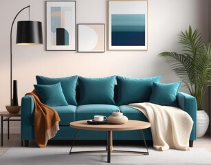 Modern living room interior with stylish comfortable sofa