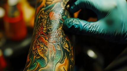 A skilled tattoo artist meticulously working on a client's arm, showcasing intricate designs and vibrant colors
