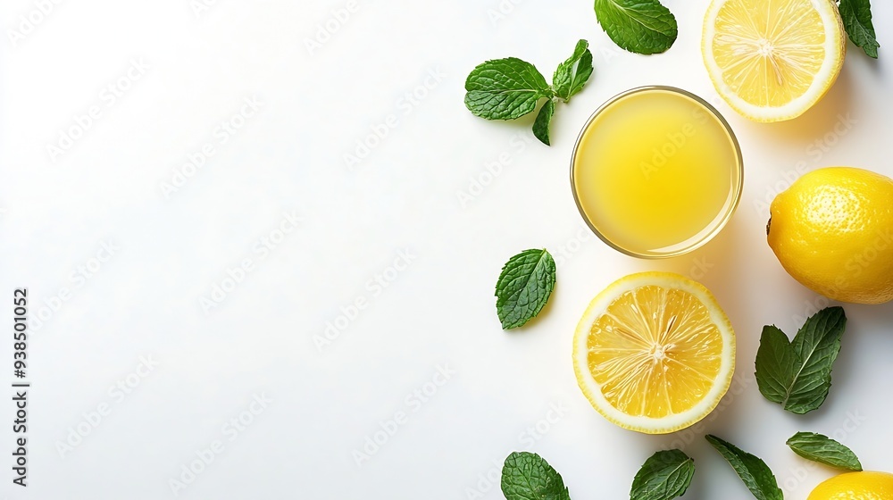 Aufkleber glass of lemon juice with mint leaf isolated on white background top view flat lay : generative ai